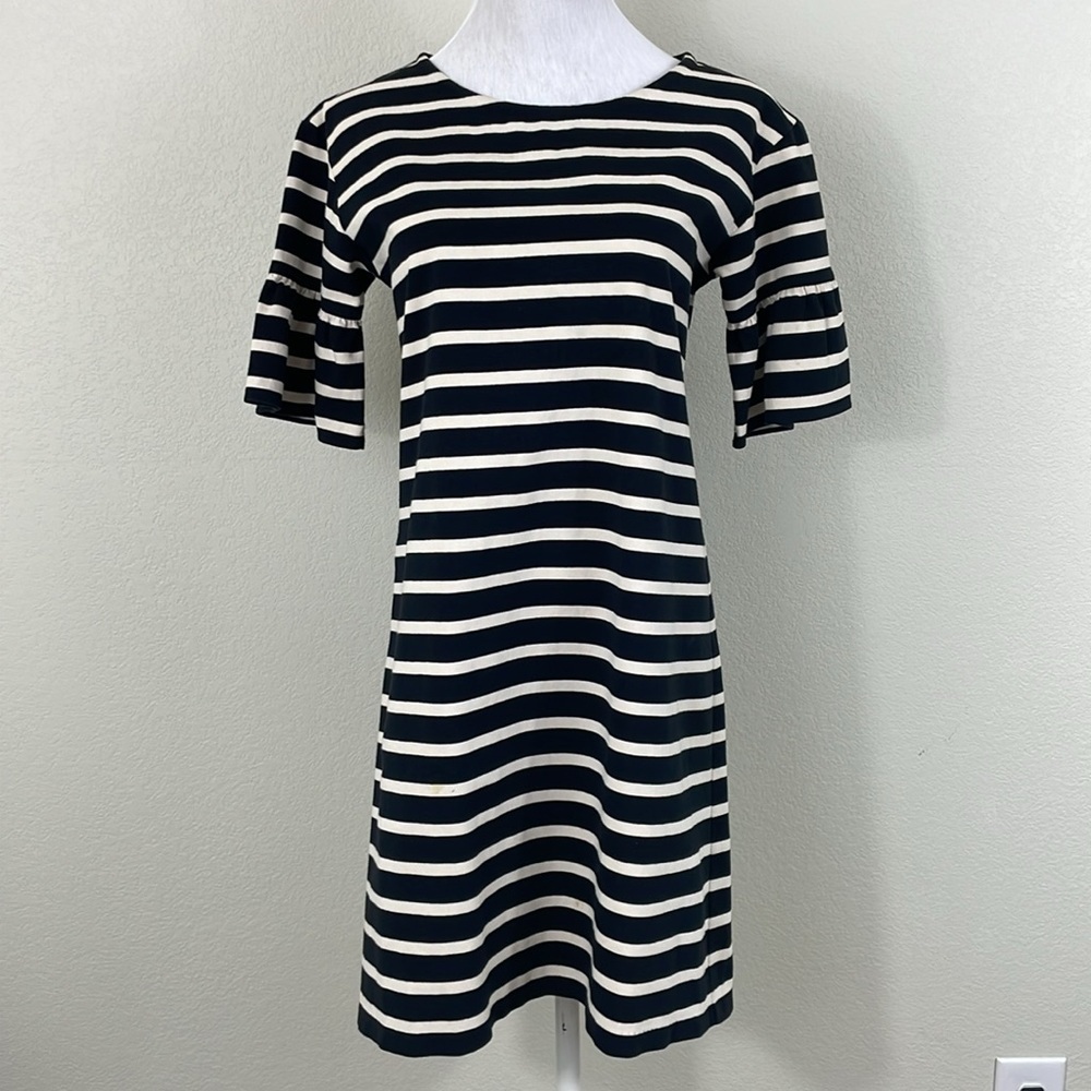 J crew 100% cotton black white strip ruffle sleeve mini dress‎ size xs